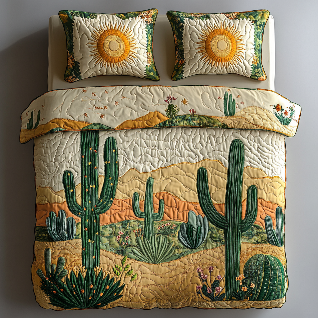 Sun-Kissed Spikes Bedspreads quilted 3-piece bedding set on a made bed with two matching pillow shams