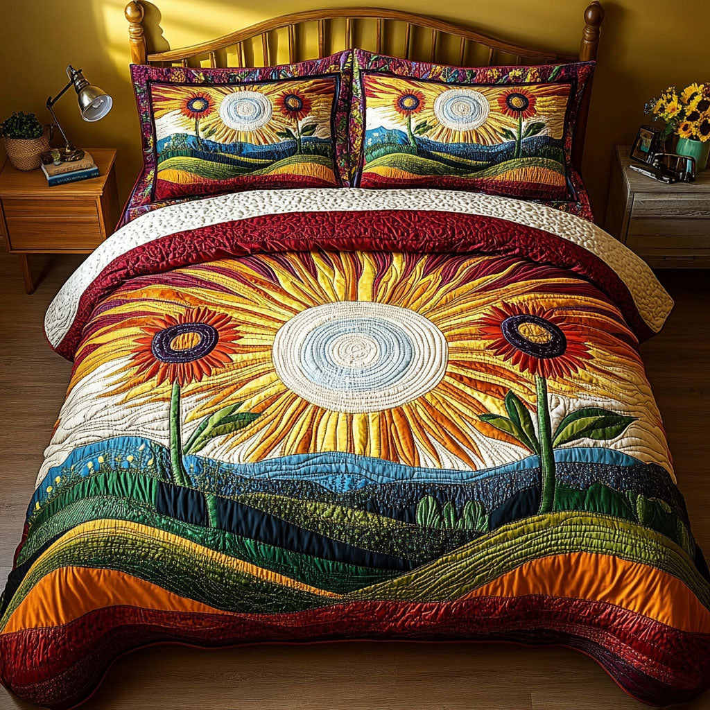 Sunburst Countryside quilted 3-piece bedding set on a made bed with two matching pillow shams