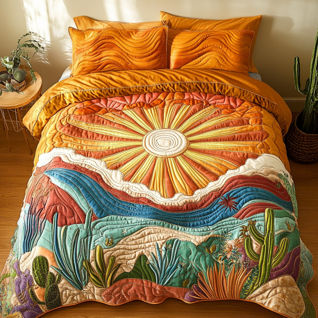 Sunburst Dream Bedspreads quilted 3-piece bedding set on a made bed with two matching pillow shams