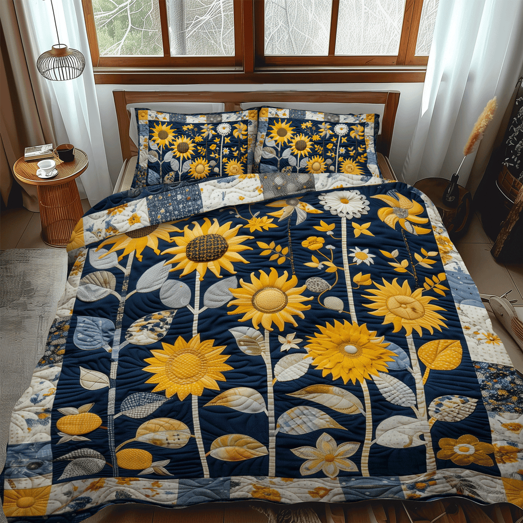Sunburst Floral Sunflower quilted 3-piece bedding set on a made bed with two matching pillow shams