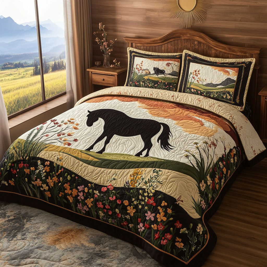 Sundown Stallion quilted 3-piece bedding set on a made bed with two matching pillow shams