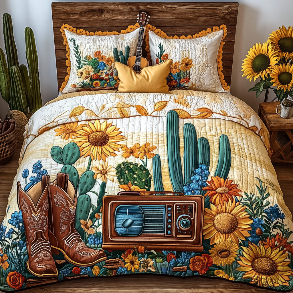 Sunflower Cowboy quilted 3-piece bedding set on a made bed with two matching pillow shams