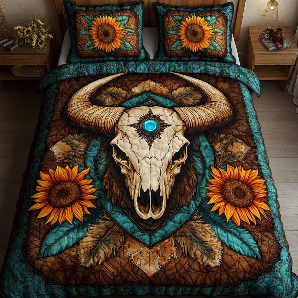 Sunflower Skull quilted 3-piece bedding set on a made bed with two matching pillow shams