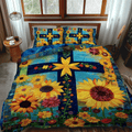 Sunlit Cross quilted 3-piece bedding set on a made bed with two matching pillow shams