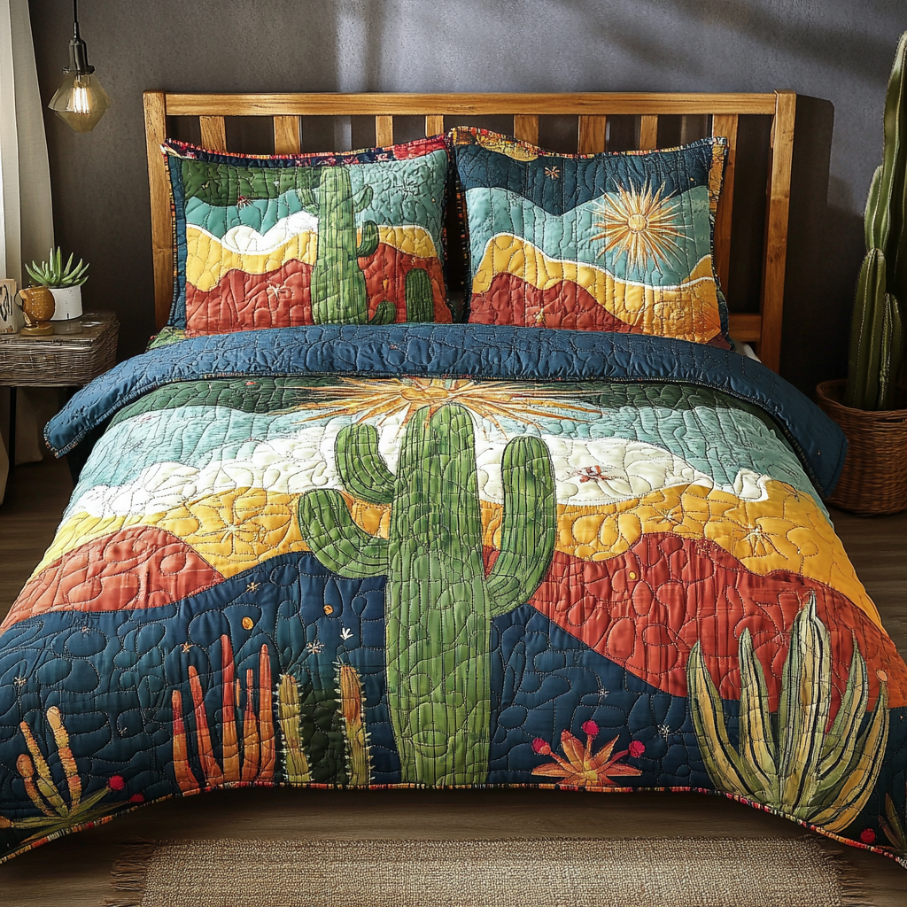 Sunlit Desert quilted 3-piece bedding set on a made bed with two matching pillow shams