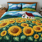 Sunny Bloom Bedspread quilted 3-piece bedding set on a made bed with two matching pillow shams