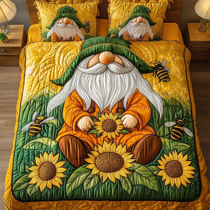 Sunny Gnome quilted 3-piece bedding set on a made bed with two matching pillow shams