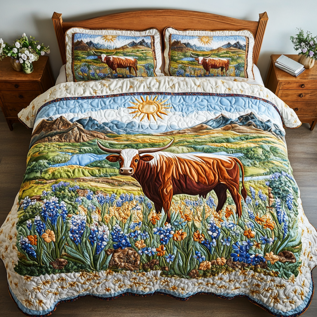 Sunny Pastures Bedspread quilted 3-piece bedding set on a made bed with two matching pillow shams