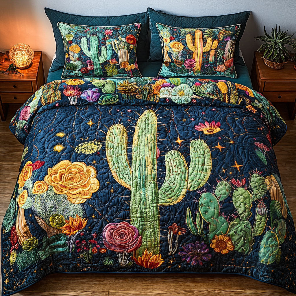 Sunset Cacti quilted 3-piece bedding set on a made bed with two matching pillow shams
