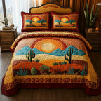 Sunset Cactus Desert quilted 3-piece bedding set on a made bed with two matching pillow shams