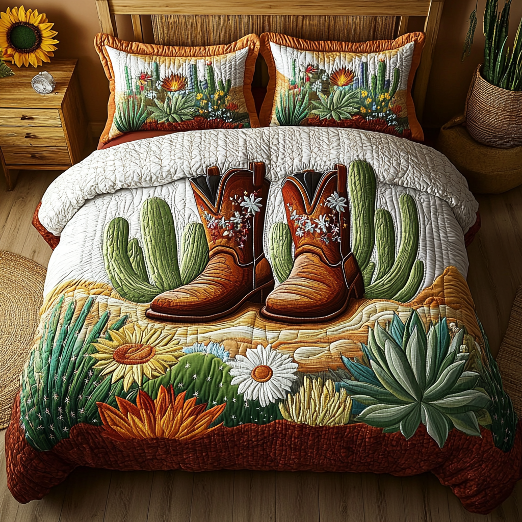 Sunset Cowboy quilted 3-piece bedding set on a made bed with two matching pillow shams
