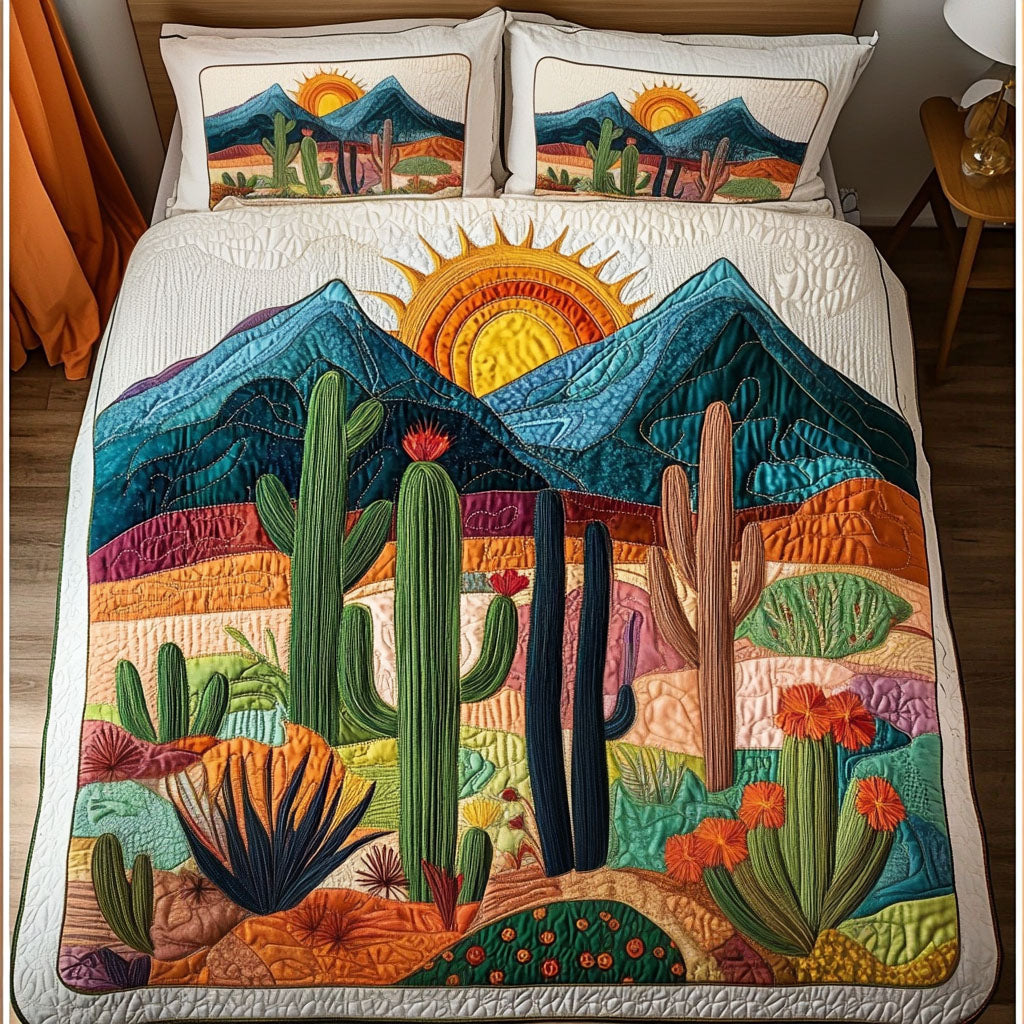Sunset Desert Cactus Hobbies quilted 3-piece bedding set on a made bed with two matching pillow shams