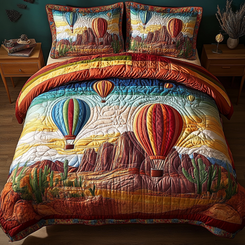 Sunset Flight quilted 3-piece bedding set on a made bed with two matching pillow shams