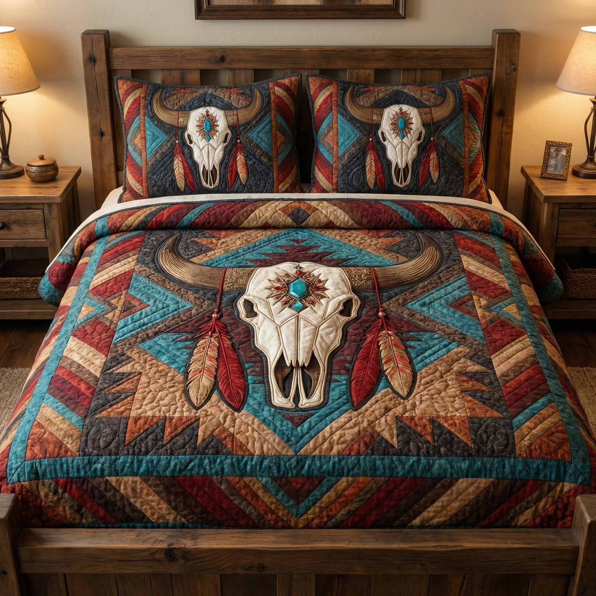 Sunset Longhorn quilted 3-piece bedding set on a made bed with two matching pillow shams