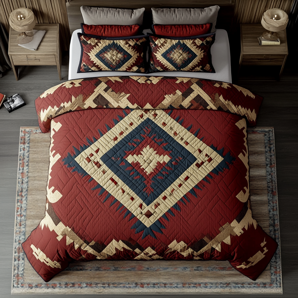 Sunset Mesa Bedspread quilted 3-piece bedding set on a made bed with two matching pillow shams