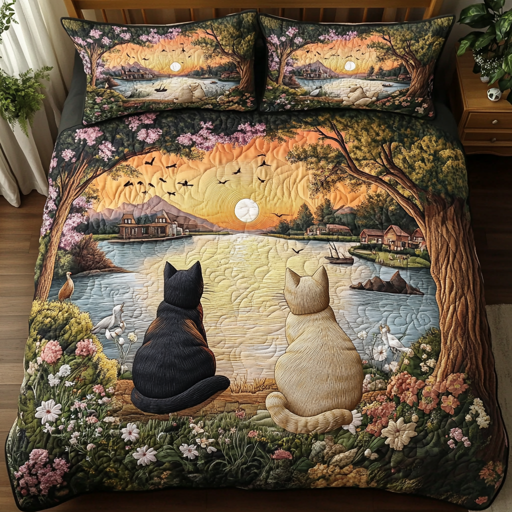 Sunset Pals quilted 3-piece bedding set on a made bed with two matching pillow shams