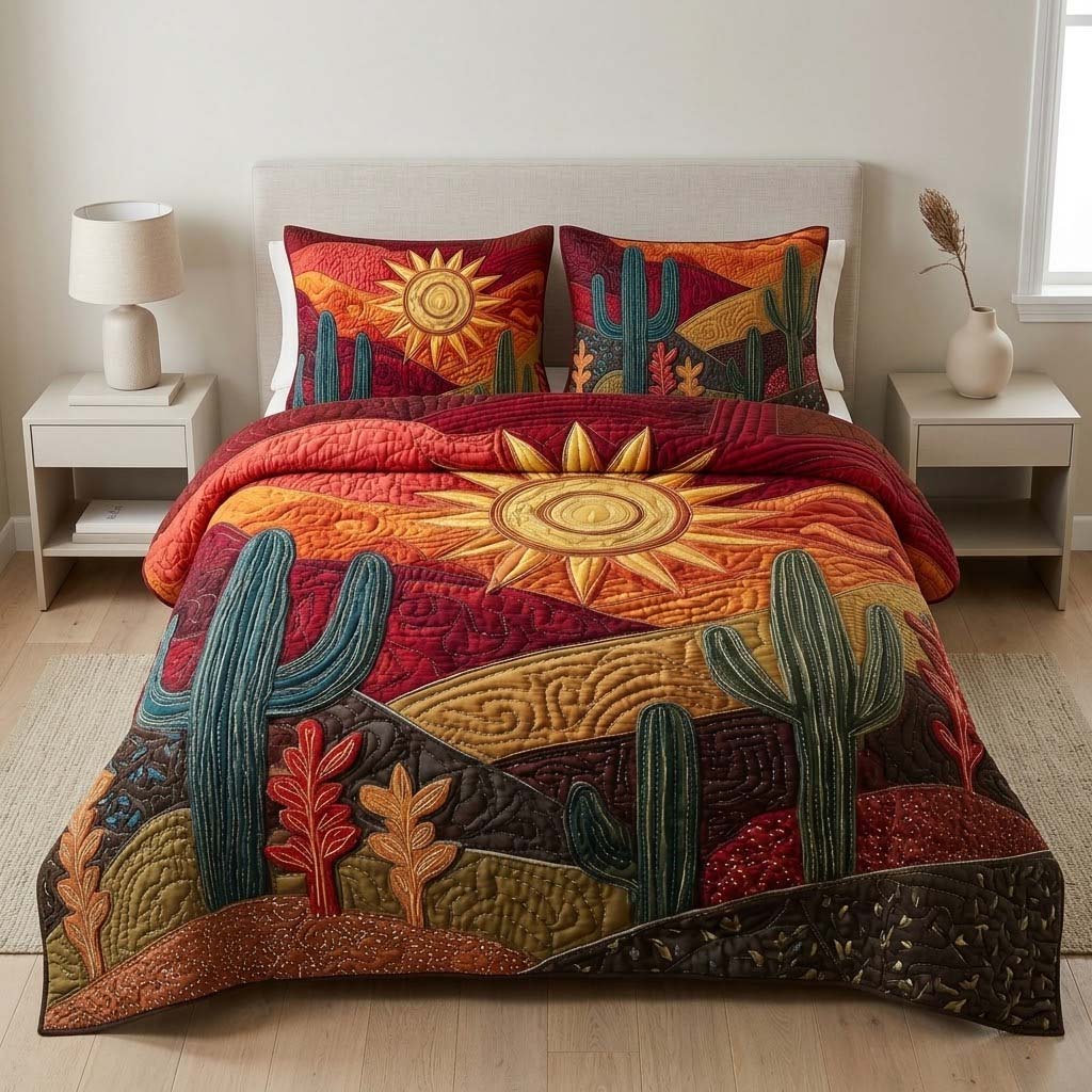 Sunset Saguaro quilted 3-piece bedding set on a made bed with two matching pillow shams