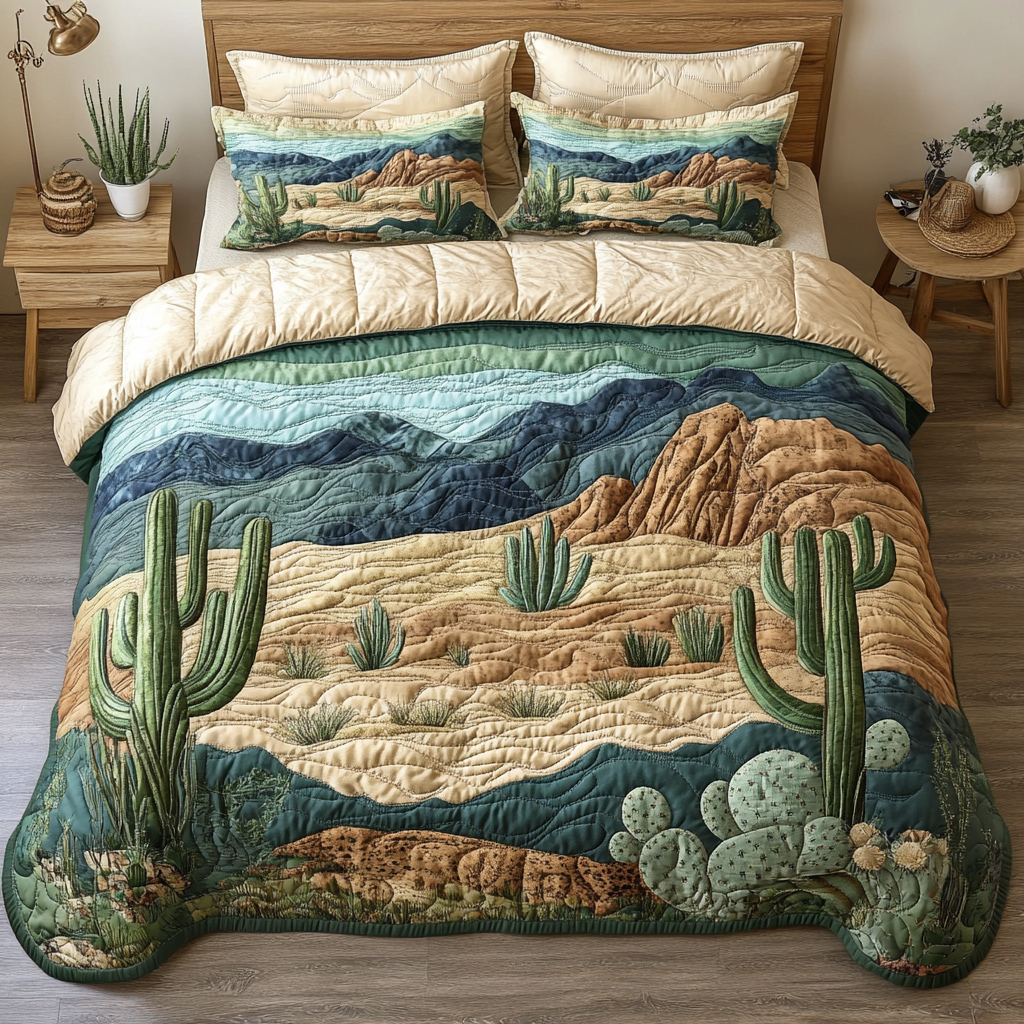 Sunset Sands quilted 3-piece bedding set on a made bed with two matching pillow shams