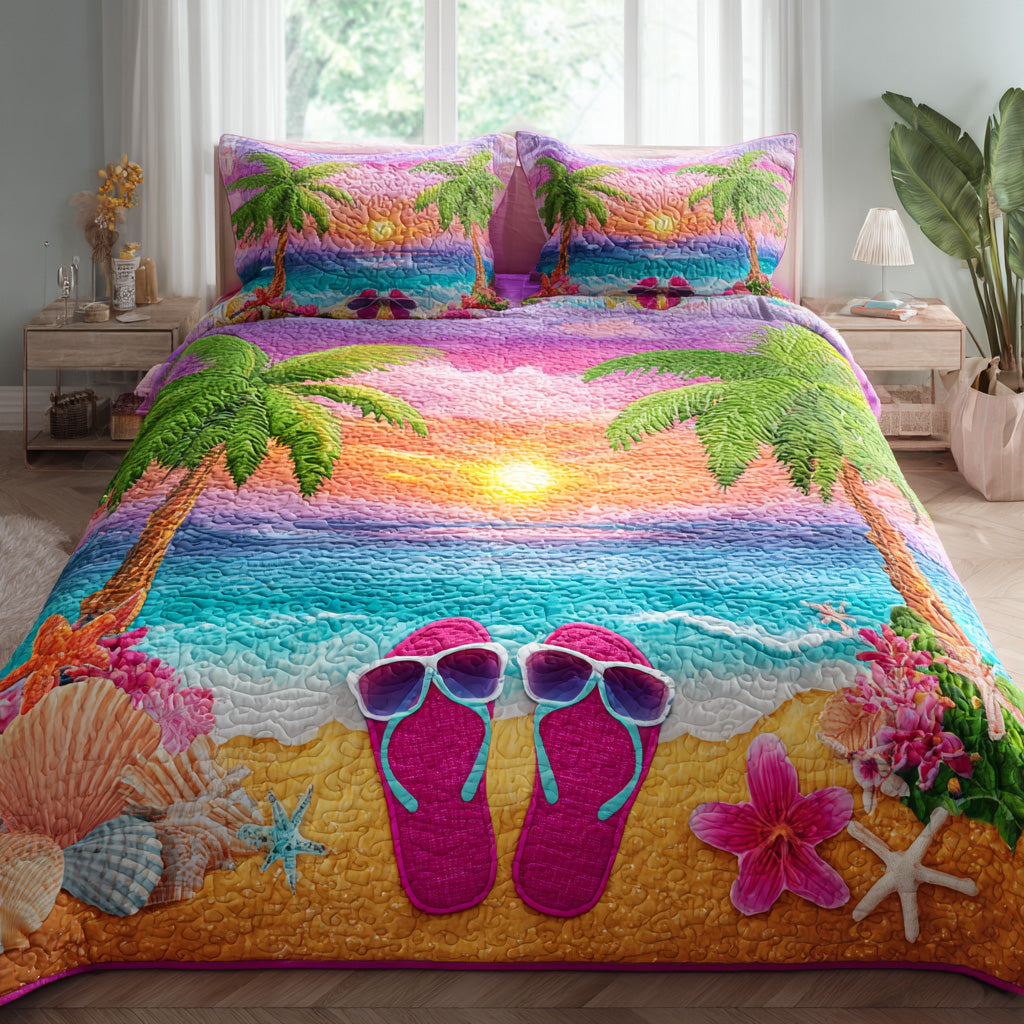 Sunset Shore quilted 3-piece bedding set on a made bed with two matching pillow shams