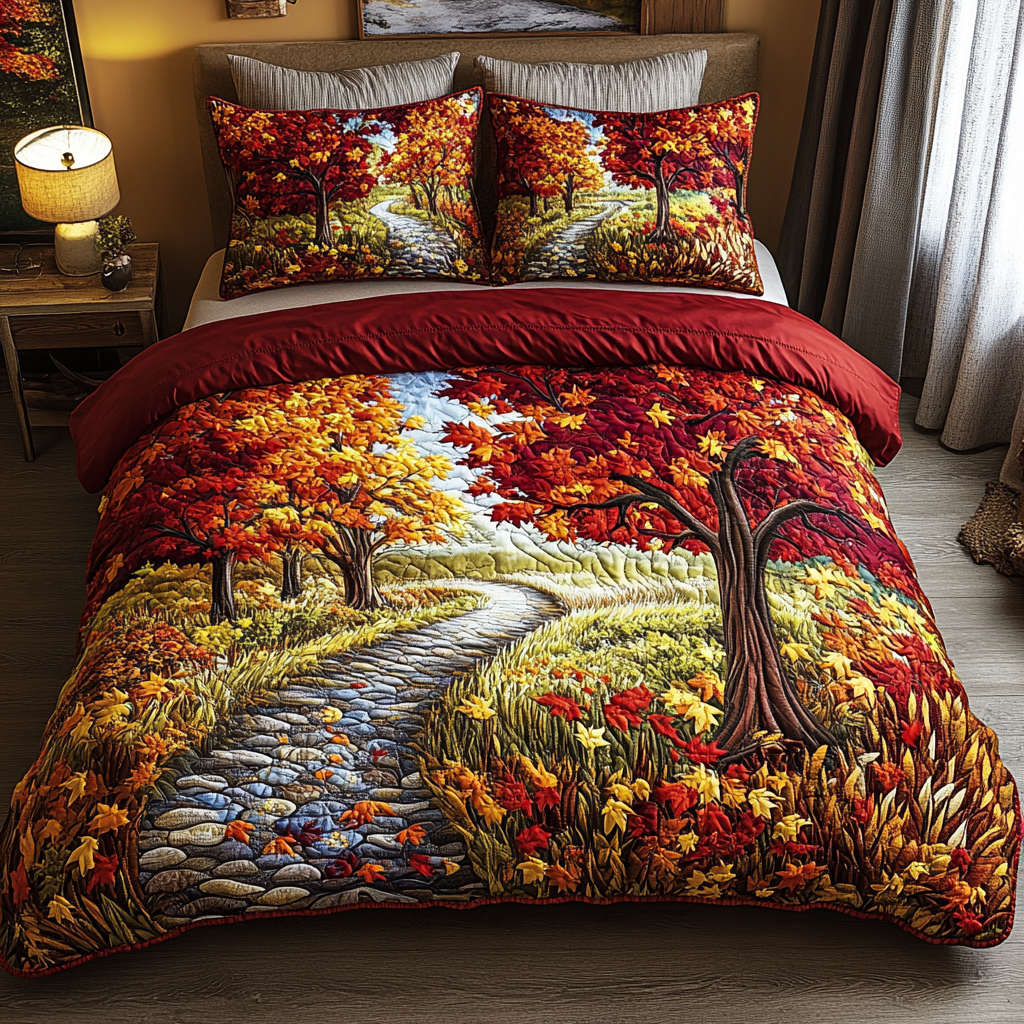 Sunset Trail Autumn quilted 3-piece bedding set on a made bed with two matching pillow shams