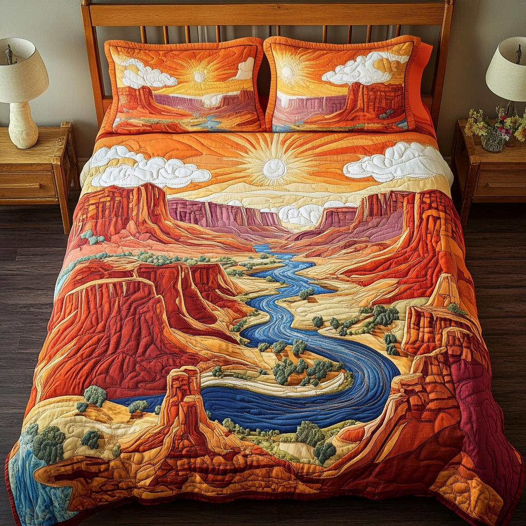 Sunset Valley Arizona quilted 3-piece bedding set on a made bed with two matching pillow shams