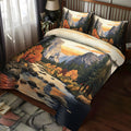 Sunset Valley Autumn quilted 3-piece bedding set on a made bed with two matching pillow shams