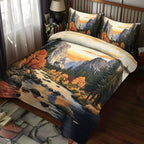 Sunset Valley Autumn quilted 3-piece bedding set on a made bed with two matching pillow shams