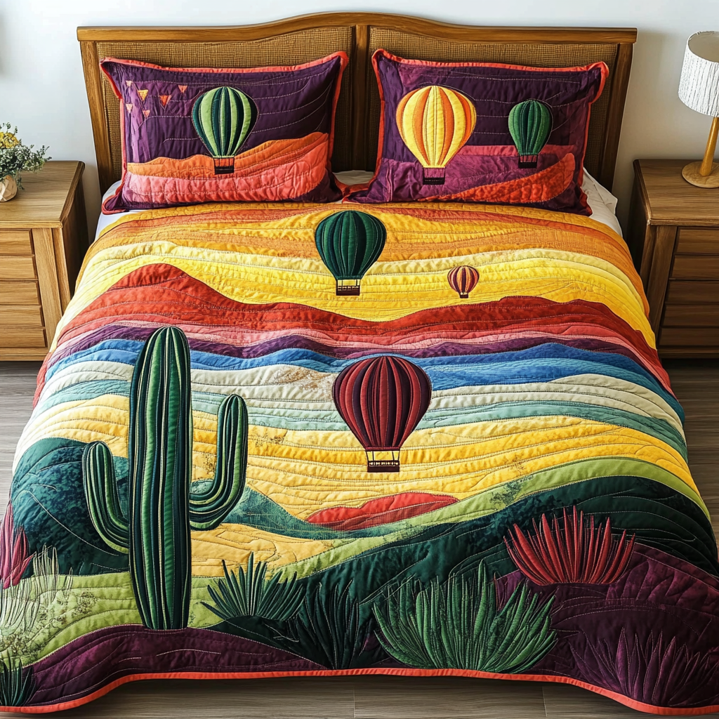 Sunset Voyage Balloon quilted 3-piece bedding set on a made bed with two matching pillow shams