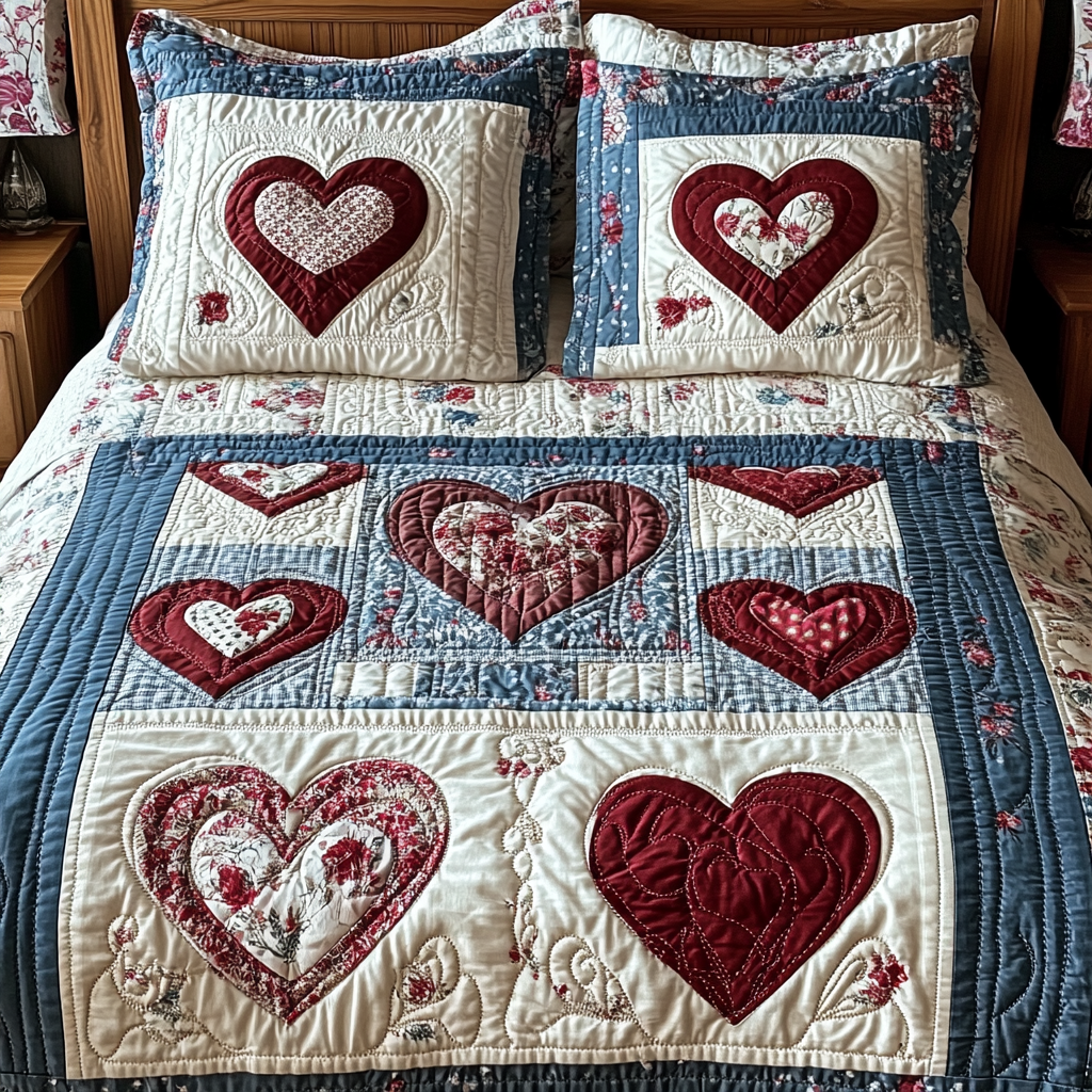 Sweetheart Patchwork quilted 3-piece bedding set on a made bed with two matching pillow shams