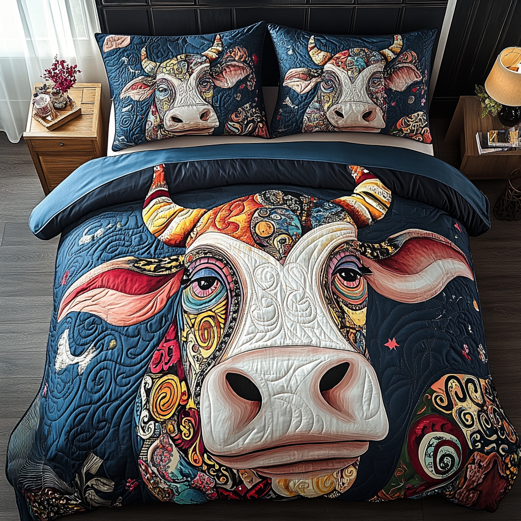 Tartan Cow Haven Animal quilted 3-piece bedding set on a made bed with two matching pillow shams