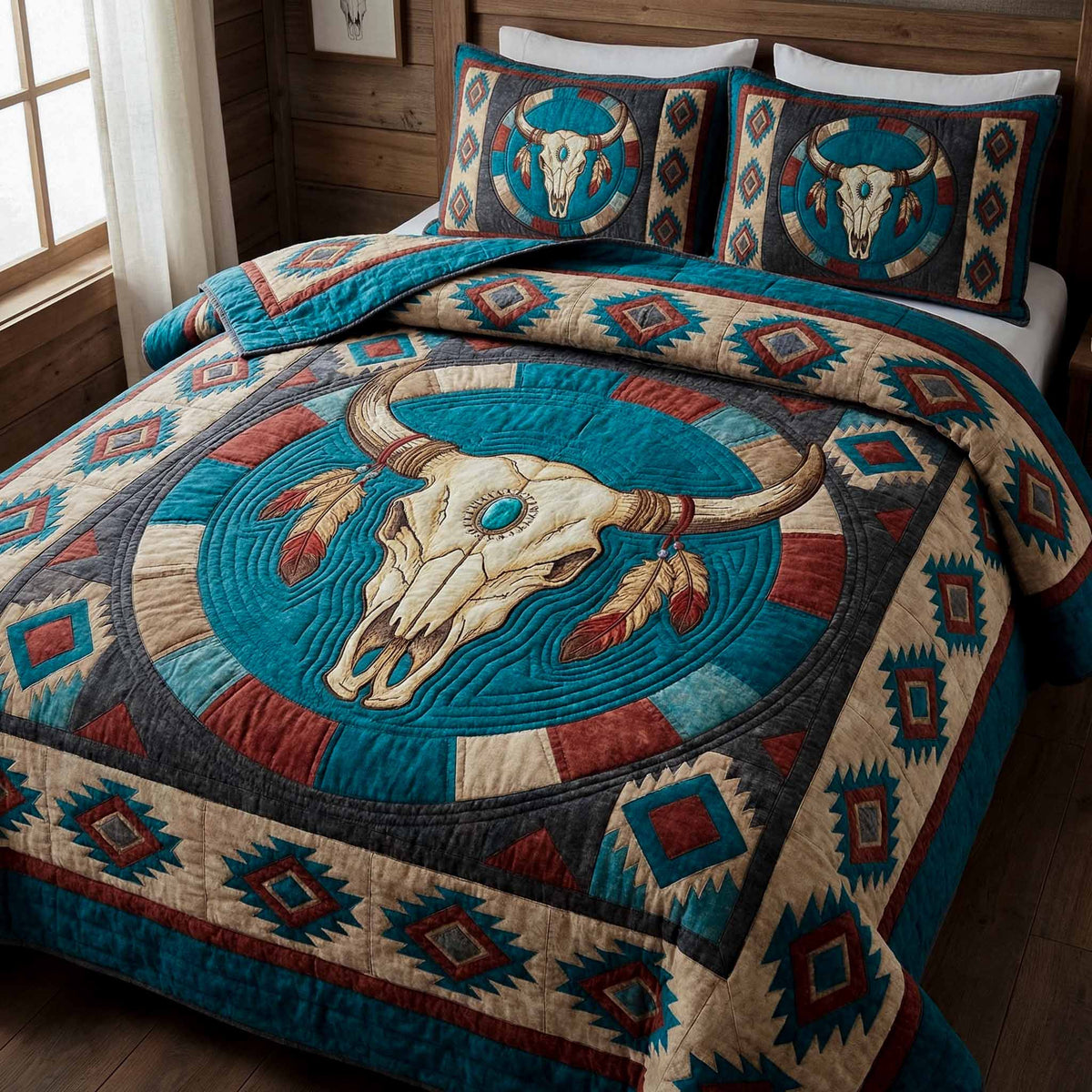 Teal Totem quilted 3-piece bedding set on a made bed with two matching pillow shams