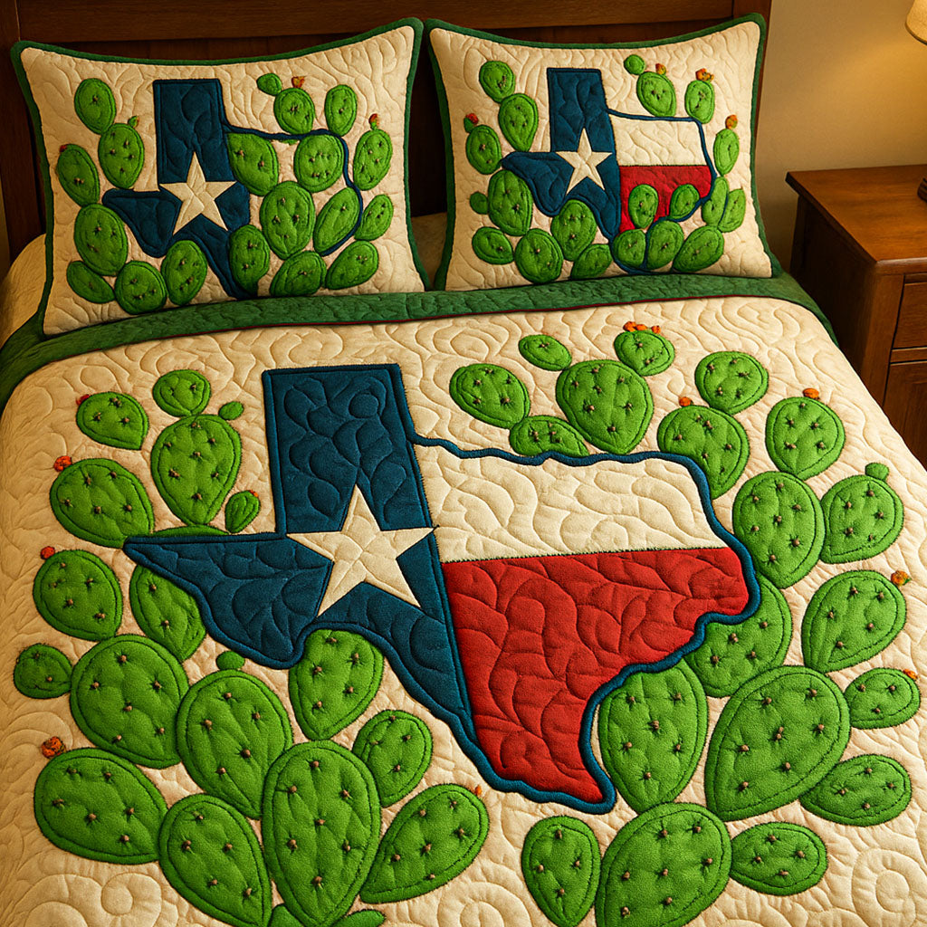 Texas Cactus Embrace quilted 3-piece bedding set on a made bed with two matching pillow shams