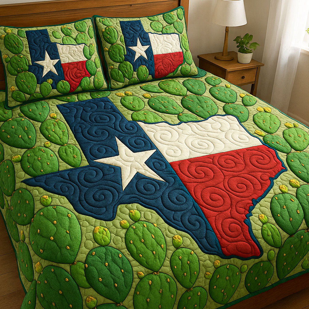 Texas Cactus Glory quilted 3-piece bedding set on a made bed with two matching pillow shams