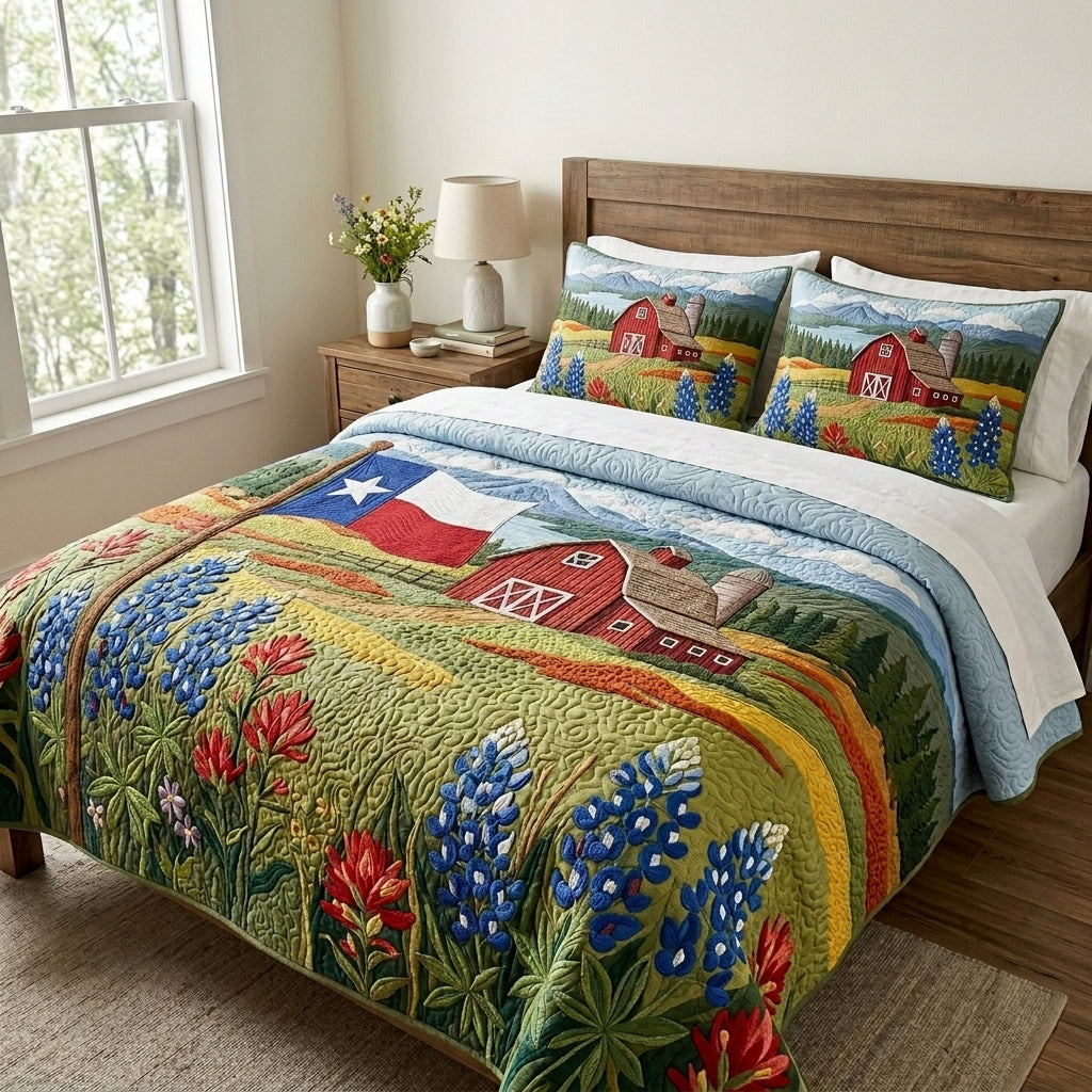 Texas Forever quilted 3-piece bedding set on a made bed with two matching pillow shams