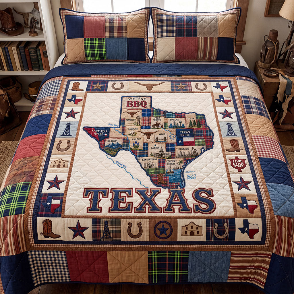 Texas Frontier Classic quilted 3-piece bedding set on a made bed with two matching pillow shams