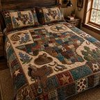 Texas Frontier Ridge quilted 3-piece bedding set on a made bed with two matching pillow shams
