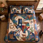 Texas Gravitational Heritage quilted 3-piece bedding set on a made bed with two matching pillow shams