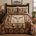 Texas Heritage Cowboy quilted 3-piece bedding set on a made bed with two matching pillow shams