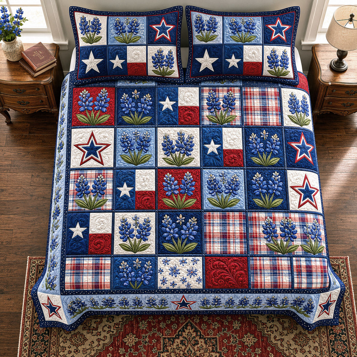 Texas Heritage Trails quilted 3-piece bedding set on a made bed with two matching pillow shams