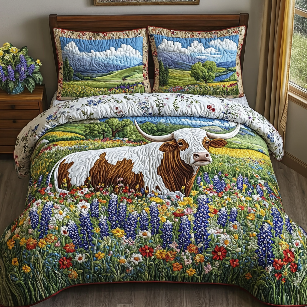 Texas Roots quilted 3-piece bedding set on a made bed with two matching pillow shams