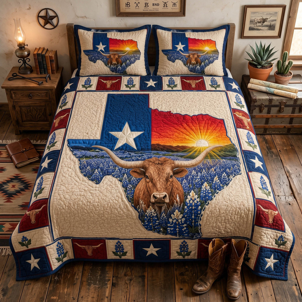 Texas Spirit Bullskull quilted 3-piece bedding set on a made bed with two matching pillow shams