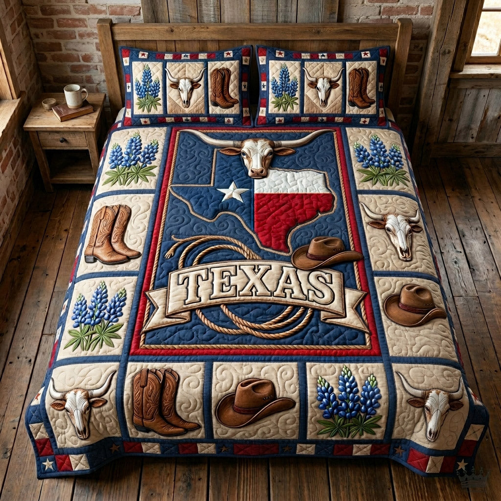 Texas Star Twilight quilted 3-piece bedding set on a made bed with two matching pillow shams