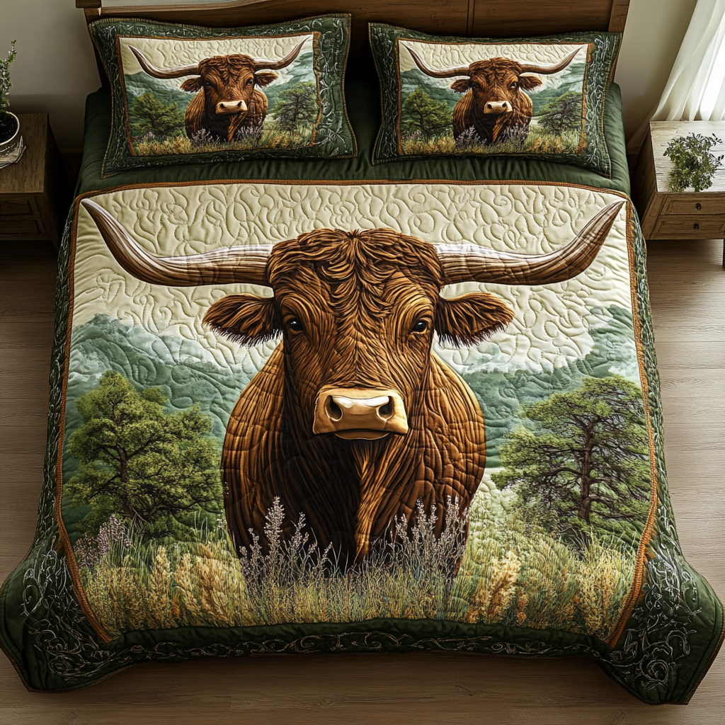 Texas Titan quilted 3-piece bedding set on a made bed with two matching pillow shams