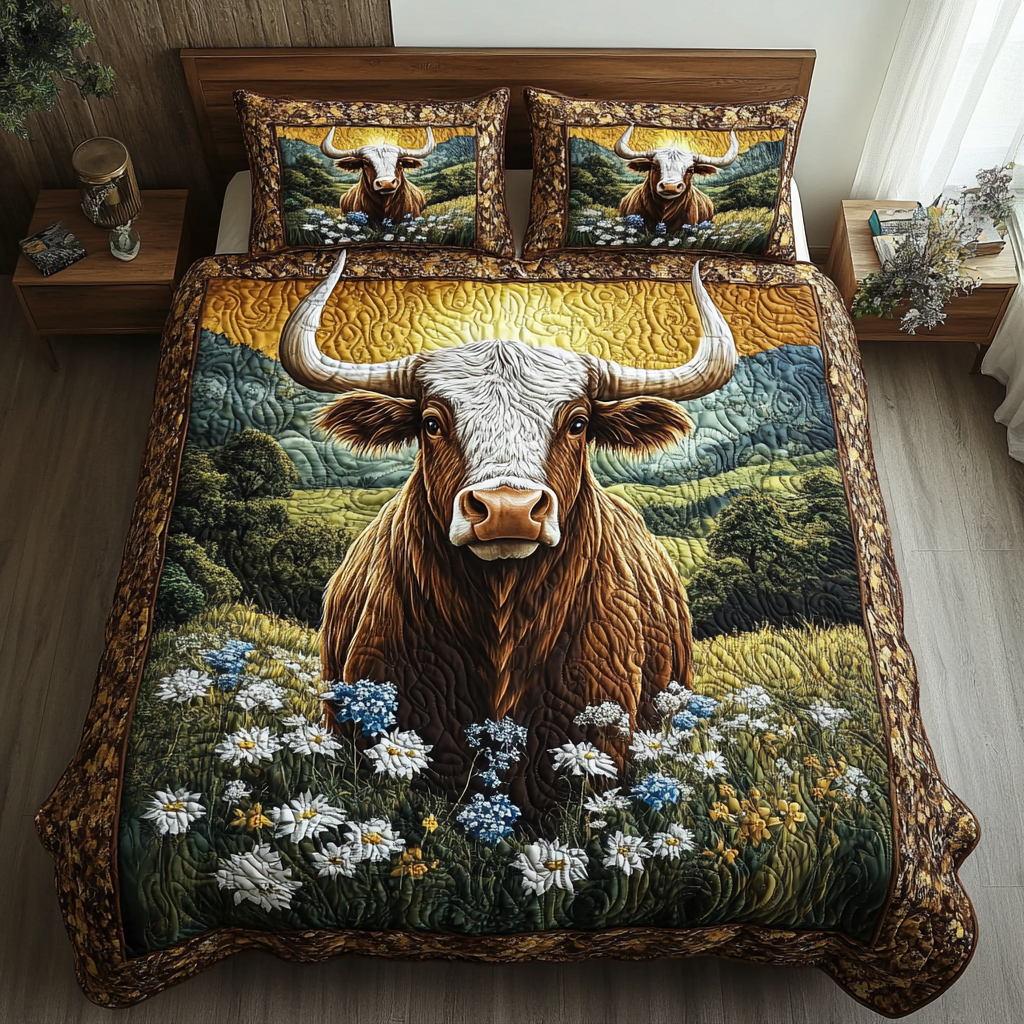 Texas Trails Animal quilted 3-piece bedding set on a made bed with two matching pillow shams