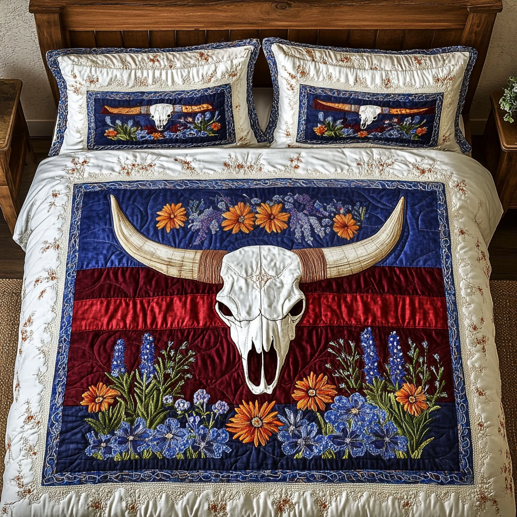 Texas Trails Blue Bonnets quilted 3-piece bedding set on a made bed with two matching pillow shams