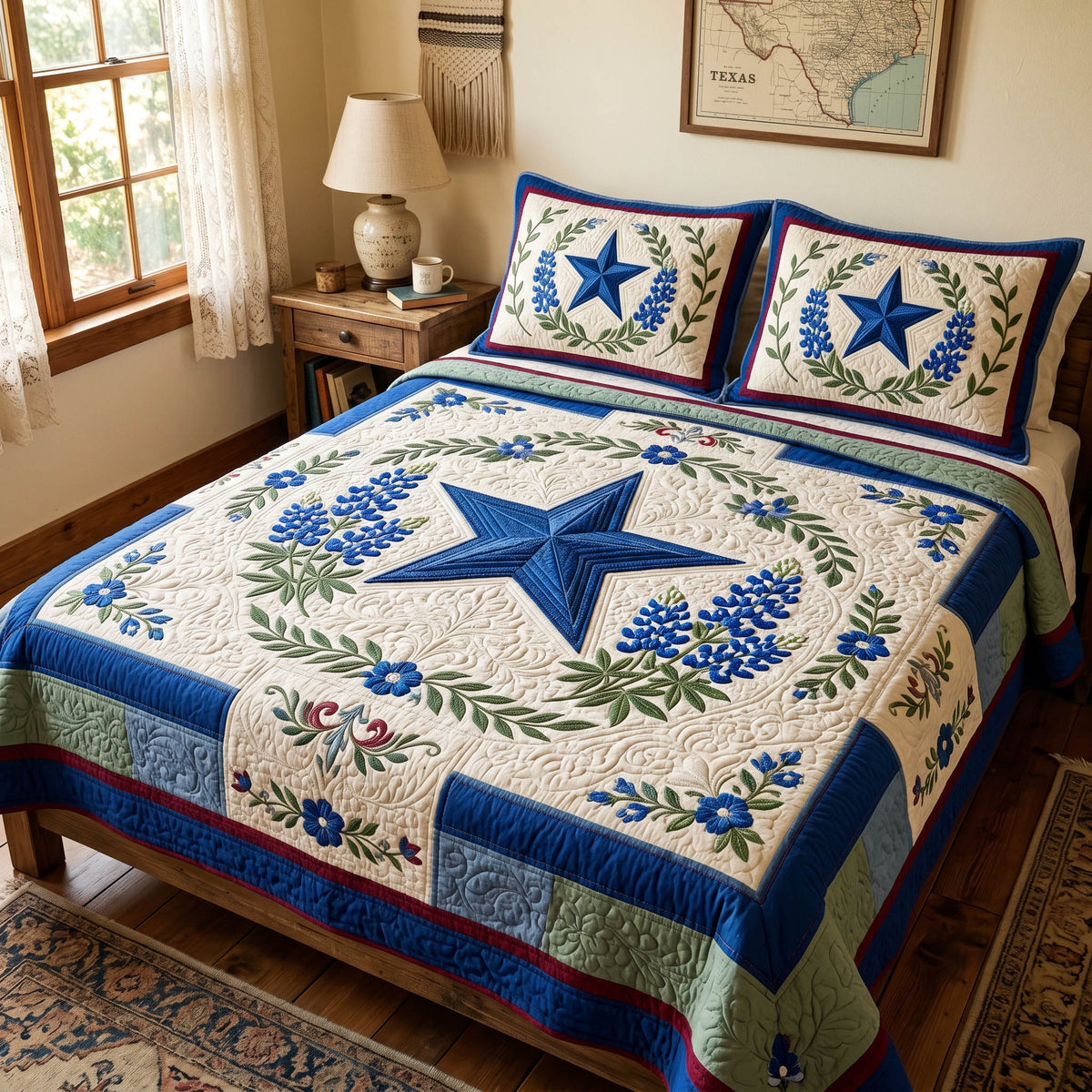 Texas Wildflowers quilted 3-piece bedding set on a made bed with two matching pillow shams