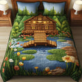 The Lazy Fisher quilted 3-piece bedding set on a made bed with two matching pillow shams