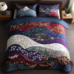The Pagoda Garden quilted 3-piece bedding set on a made bed with two matching pillow shams
