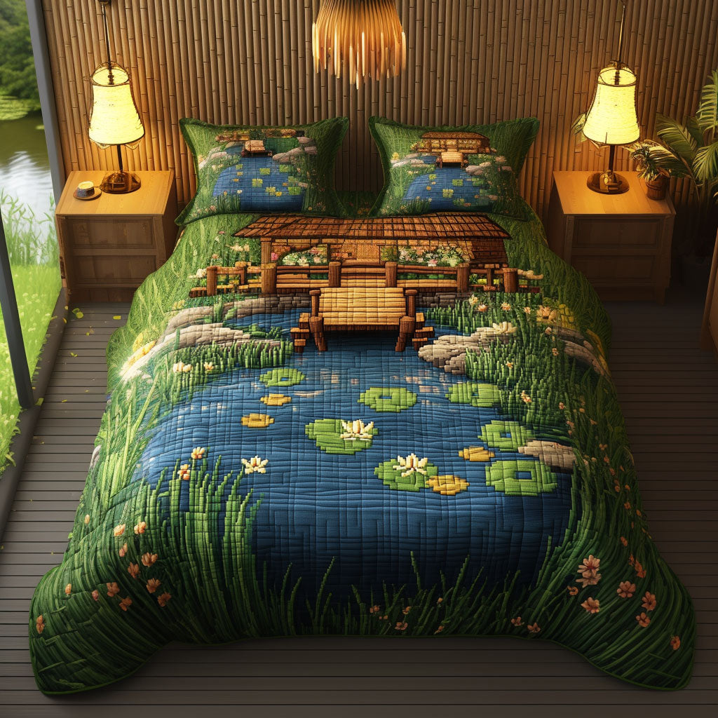 The Rod And Reel Hut quilted 3-piece bedding set on a made bed with two matching pillow shams