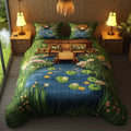 The Rod And Reel Hut quilted 3-piece bedding set on a made bed with two matching pillow shams
